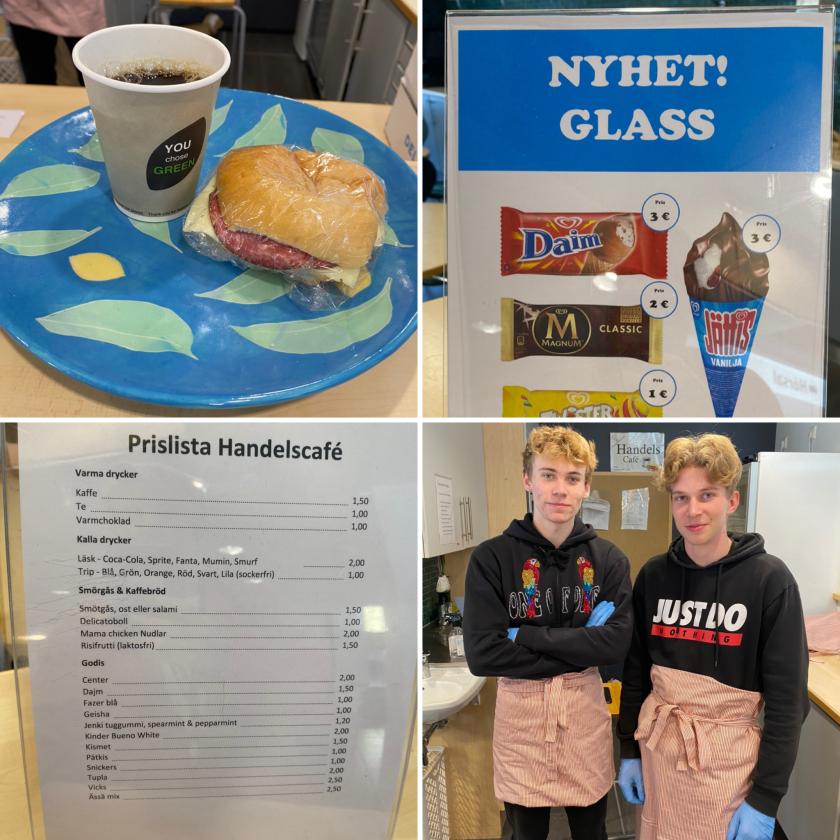 Kaffe, macka, godis, läsk är några varor som erbjuds hos Handels café